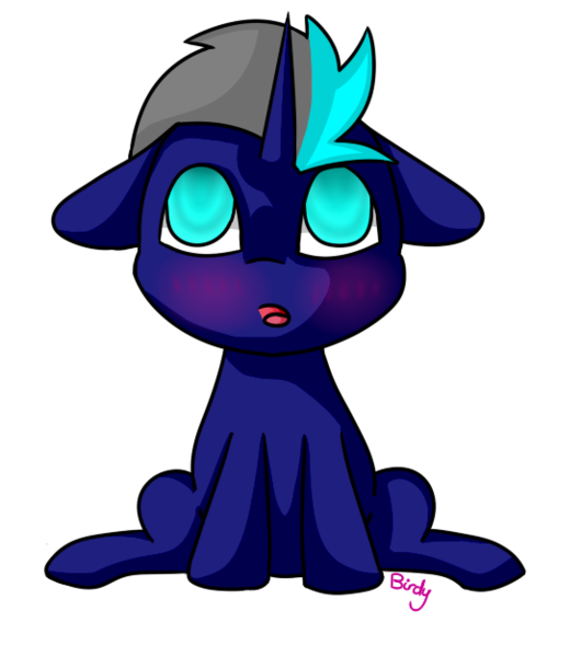 Size: 553x626 | Tagged: safe, artist:birdyboop, derpibooru import, oc, oc:harmonic breeze, unofficial characters only, blushing, cel shading, chibi, floppy ears, sitting, solo