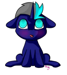 Size: 553x626 | Tagged: safe, artist:birdyboop, derpibooru import, oc, oc:harmonic breeze, unofficial characters only, blushing, cel shading, chibi, floppy ears, sitting, solo