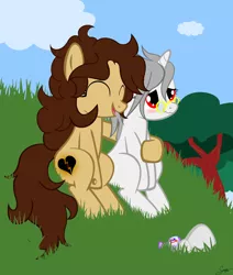 Size: 2000x2355 | Tagged: safe, derpibooru import, oc, oc:heartbreak, oc:suzano, unofficial characters only, earth pony, pony, unicorn, bottle, branding, cloud, cute, duo, embarrassed, eyes closed, female, glasses, grass, heart, hill, hole, hug, human in equestria, human to pony, male to female, mare, messy mane, my little heartbreak, potion, red eyes, rock, rule 63, sitting, sky, smiling, tree