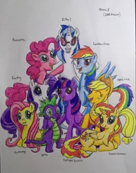 Size: 2331x2958 | Tagged: safe, artist:bozzerkazooers, derpibooru import, applejack, fluttershy, pinkie pie, rainbow dash, rarity, spike, sunset shimmer, twilight sparkle, twilight sparkle (alicorn), vinyl scratch, alicorn, pony, unicorn, alicornified, mane seven, mane six, mane six opening poses, race swap, scene interpretation, shimmercorn, traditional art