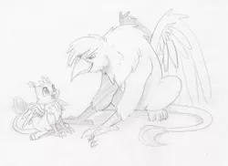 Size: 2914x2127 | Tagged: safe, artist:arcadianphoenix, derpibooru import, oc, oc:gyro feather, oc:gyro tech, oc:zephyrus, unofficial characters only, gryphon, gay, griffonized, male, monochrome, shipping, size difference, species swap, zephero