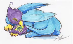 Size: 2464x1505 | Tagged: safe, artist:slifertheskydragon, derpibooru import, oc, oc:gyro feather, oc:gyro tech, unofficial characters only, gryphon, griffonized, sleeping, species swap, traditional art