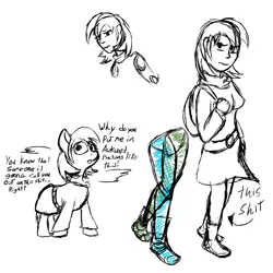 Size: 1200x1200 | Tagged: safe, artist:thebathwaterhero, derpibooru import, oc, oc:sunny days, unofficial characters only, earth pony, human, pony, series:entrapment, backpack, belt, belt buckle, female, filly, glare, humanized, humanized oc, sketch, teenager, tunic, vulgar