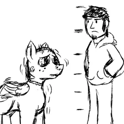 Size: 600x600 | Tagged: safe, artist:thebathwaterhero, derpibooru import, oc, unofficial characters only, human, pegasus, pony, series:entrapment, adult, bloodshot eyes, chart, clothes, cutie mark, frown, height, height difference, hoodie, male, monochrome, pants, rash, sad, scale, self insert, size chart, size comparison, size difference, skin, stallion, text