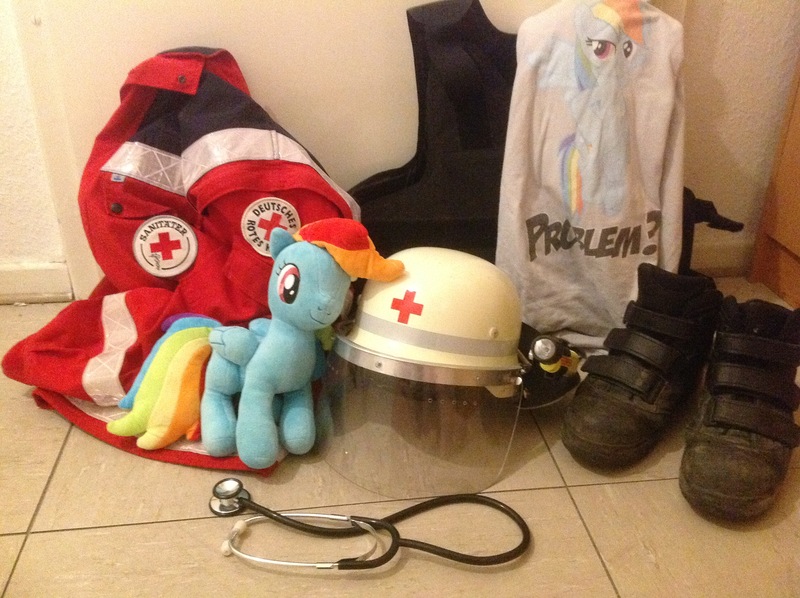 Size: 2592x1936 | Tagged: artist:doc rainbow, artist:onlyfactory, bulletproof vest, clothes, derpibooru import, gear, helmet, irl, medic, paramedic, photo, plushie, rainbow dash, red cross, safe, t-shirt