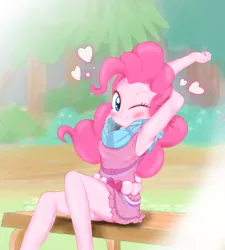 Size: 4500x5000 | Tagged: safe, artist:fromamida, derpibooru import, pinkie pie, equestria girls, legend of everfree, absurd resolution, armpits, bench, blushing, camp fashion show outfit, clothes, cute, diapinkes, heart, legs, looking at you, one eye closed, pleated skirt, scarf, sitting, skirt, skirt lift, smiling, solo, thighs, wink