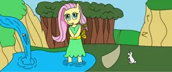 Size: 1700x721 | Tagged: safe, artist:amateur-draw, derpibooru import, fluttershy, rabbit, 1000 hours in ms paint, alternate hairstyle, bow, clothes, cute, dress, ms paint, waterfall