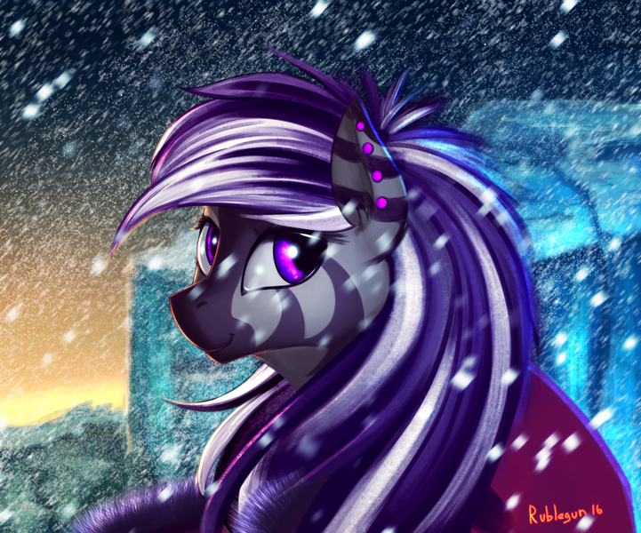 Size: 2702x2250 | Tagged: artist:rublegun, derpibooru import, oc, oc:lemrei, piercing, safe, snow, snowfall, solo, unofficial characters only, zebra