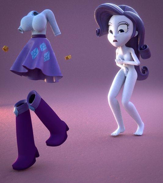 Size: 1704x1914 | Tagged: questionable, artist:creatorofpony, artist:enf-mlp, artist:shiningarmorboy01, derpibooru import, rarity, equestria girls, 3d, barefoot, blender, clothes, covering, embarrassed, embarrassed nude exposure, feet, female, image, jpeg, living clothes, naked rarity, nudity, skirt, solo, solo female, spell gone wrong