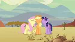 Size: 7680x4320 | Tagged: safe, artist:iknowpony, derpibooru import, applejack, fluttershy, twilight sparkle, earth pony, pegasus, pony, unicorn, the last roundup, .svg available, absurd resolution, appleshy, cactus, cutie mark, desert, eyes closed, female, hooves, horn, lesbian, mare, open mouth, shipping, smiling, snuggling, solo, trio, twijack, unicorn twilight, vector, wings