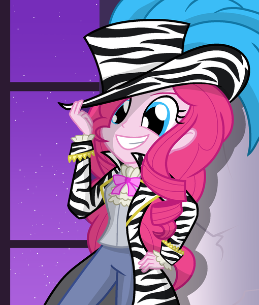 Size: 1700x2000 | Tagged: safe, artist:geraritydevillefort, derpibooru import, pinkie pie, equestria girls, clothes, crossover, cute, diapinkes, happy, hat, hat tip, night sky, pants, pimp, smiling, solo, stars, the scarlet pimpernel, top hat, window