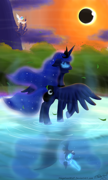 Size: 3000x5000 | Tagged: artist:niegelvonwolf, crying, derpibooru import, duality, eclipse, nightmare moon, princess celestia, princess luna, safe