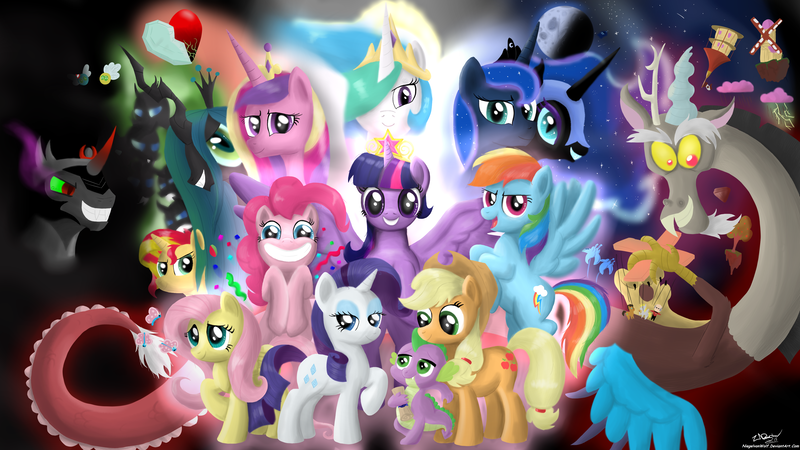 Size: 4096x2304 | Tagged: safe, artist:niegelvonwolf, derpibooru import, applejack, discord, fluttershy, king sombra, nightmare moon, pinkie pie, princess cadance, princess celestia, princess luna, queen chrysalis, rainbow dash, rarity, spike, sunset shimmer, twilight sparkle, twilight sparkle (alicorn), alicorn, changeling, parasprite, pony, mane seven, mane six, moon