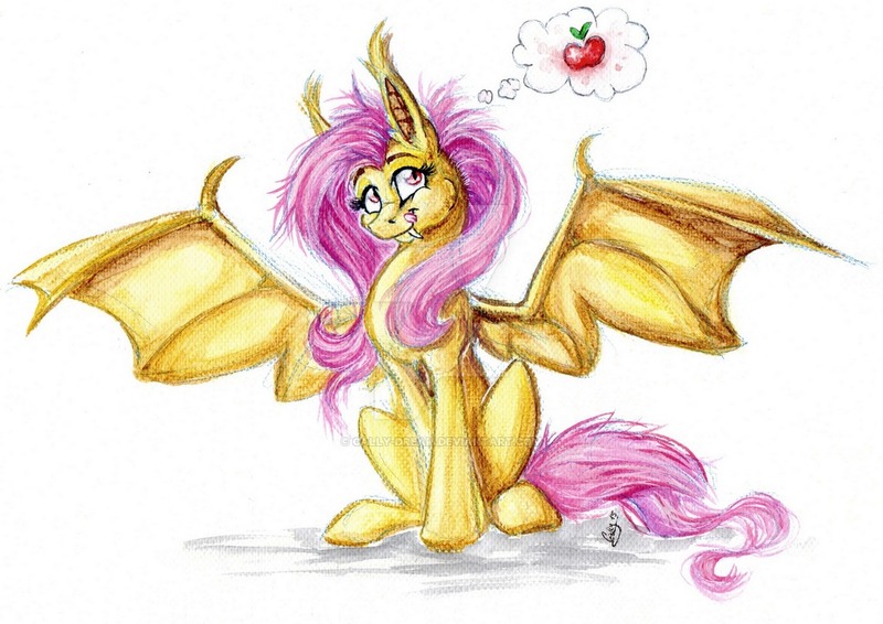 Size: 1024x724 | Tagged: safe, artist:donika-schovina, derpibooru import, fluttershy, bat pony, pony, apple, flutterbat, food, licking, licking lips, race swap, solo, spread wings, tongue out, traditional art, watermark