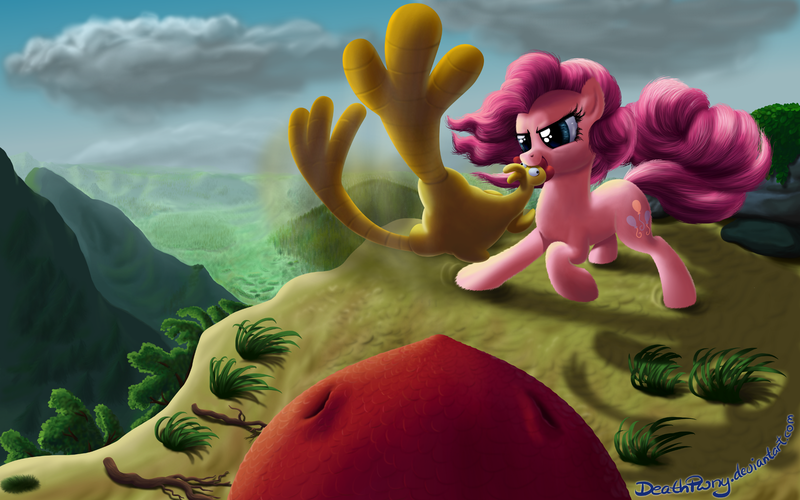 Size: 2000x1250 | Tagged: artist:deathpwny, derpibooru import, dragon, pinkie pie, rubber chicken, safe