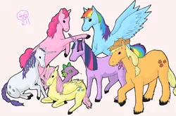 Size: 3387x2236 | Tagged: applejack, artist:mineralrabbit, braid, braided tail, derpibooru import, fluttershy, hoers, mane seven, mane six, mane six opening poses, pinkie pie, rainbow dash, rarity, realistic, safe, scene interpretation, spike, twilight sparkle