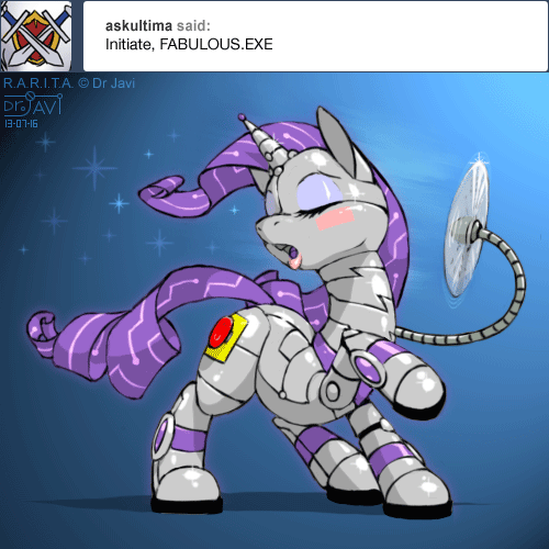 Size: 500x500 | Tagged: safe, artist:drjavi, derpibooru import, rarity, oc, oc:r.a.r.i.t.a., unofficial characters only, pony, robot, robot pony, unicorn, blushing, eyes closed, fabulous, fan, female, hooves, horn, mare, open mouth, raised hoof, raribot, solo, text, windswept mane