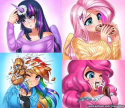 Size: 1200x1038 | Tagged: artist:racoonsan, breasts, busty pinkie pie, cake, clothes, crepe, derpibooru import, donut, eclair, female, females only, fluttershy, food, horned humanization, human, humanized, not a penis, not porn, off shoulder, pinkie pie, rainbow dash, suggestive, suggestive eating, sweater, sweatershy, twilight sparkle, twilight sparkle (alicorn), winged humanization