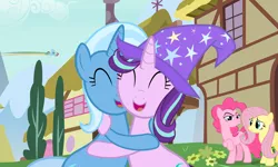 Size: 4996x3000 | Tagged: safe, artist:sollace, derpibooru import, fluttershy, pinkie pie, rainbow dash, starlight glimmer, trixie, pony, accessory swap, female, hat, hug, lesbian, mare, open mouth, shipping, startrix, trixie's hat, vector