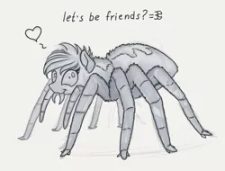 Size: 1280x971 | Tagged: :3, adoracreepy, artist:yakovlev-vad, creepy, cute, derpibooru import, grayscale, heart, looking at you, monochrome, monster pony, oc, original species, safe, solo, spider, spiderpony, unofficial characters only, wat
