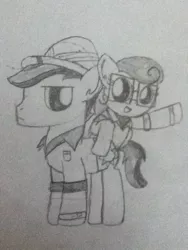 Size: 720x960 | Tagged: artist:thefanficfanpony, clothes, cosplay, costume, daring do, derpibooru import, doctor caballeron, oc, oc:crescendo hearts, quibble pants, safe, sketch, stranger than fan fiction