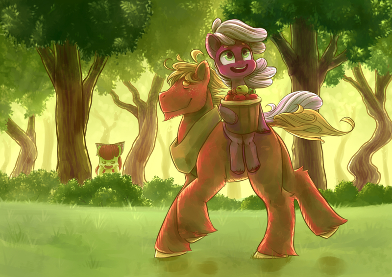 Size: 2400x1700 | Tagged: safe, artist:yellow-snail, derpibooru import, apple bloom, big macintosh, cheerilee, earth pony, pony, apple, apple bloom the shipper, bucket, cheerimac, food, forest, male, ponies riding ponies, shipper on deck, shipping, size difference, stallion, straight, unshorn fetlocks