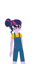 Size: 826x1500 | Tagged: safe, artist:samey90, derpibooru import, sci-twi, twilight sparkle, equestria girls, adorkable, alternate costumes, blushing, clothes, cute, dork, freckles, glasses, overalls, simple background, t-shirt, twiabetes, white background, younger