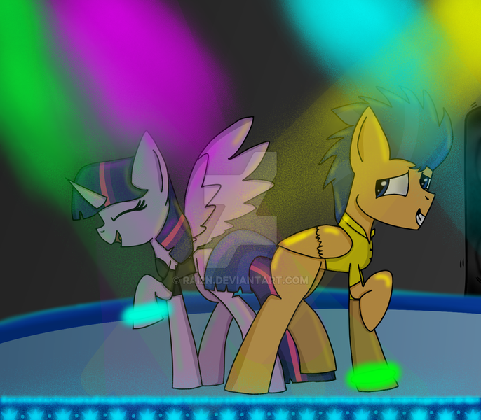 Size: 1024x896 | Tagged: safe, artist:rai2n, derpibooru import, flash sentry, twilight sparkle, twilight sparkle (alicorn), alicorn, pony, bracelet, clothes, dancing, eyes closed, female, flashlight, glowstick, grin, jewelry, male, nightclub, open mouth, polo shirt, rave, shipping, shirt, smiling, spread wings, straight, watermark