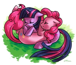 Size: 1650x1400 | Tagged: safe, artist:katiramoon, derpibooru import, pinkie pie, twilight sparkle, pony, cute, eyes closed, female, floppy ears, lesbian, mare, prone, shipping, side, sleeping, smiling, snuggling, twinkie