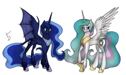 Size: 1613x965 | Tagged: safe, artist:fullmoondagger, derpibooru import, princess celestia, princess luna, bat wings, hybrid wings, royal sisters, simple background, spread wings