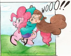 Size: 2491x1962 | Tagged: safe, artist:caleighrg, derpibooru import, pinkie pie, crossover, gravity falls, humans riding ponies, mabel pines, riding, traditional art