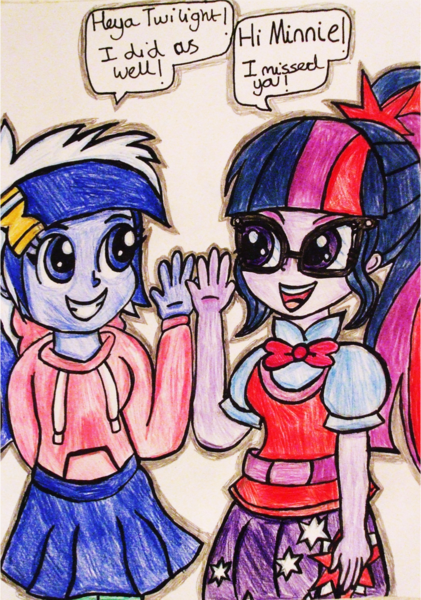 Size: 912x1300 | Tagged: safe, artist:blazingdazzlingdusk, derpibooru import, minuette, sci-twi, twilight sparkle, equestria girls, drawing, duo, friends, traditional art, waving