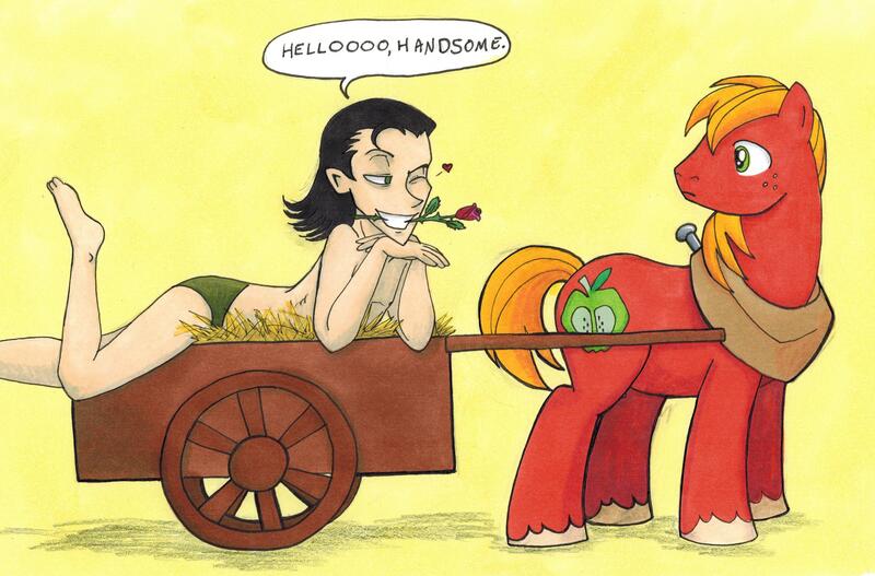 Size: 3010x1983 | Tagged: questionable, artist:thedarklordkeisha, derpibooru import, big macintosh, earth pony, human, pony, crossover, crossover shipping, flower, gay, loki, male, marvel, mythology, norse mythology, rose, shipping, stallion