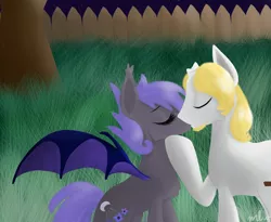 Size: 1100x900 | Tagged: safe, artist:tinyfeather, derpibooru import, oc, unofficial characters only, bat pony, pony, broken horn, female, kissing, male, night guard, oc x oc, royal guard, shipping, straight