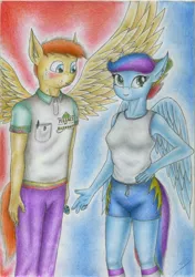 Size: 1973x2799 | Tagged: anthro, armpits, artist:sinaherib, blushing, breasts, clothes, derpibooru import, oc, oc:rainfall, oc:summer wind, offspring, parent:big macintosh, parent:fluttershy, parent:rainbow dash, parents:fluttermac, parent:soarin', parents:soarindash, puberty, puberty hits hard, safe, shorts, traditional art, unofficial characters only