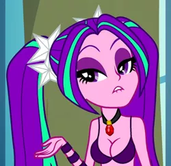 Size: 686x664 | Tagged: suggestive, derpibooru import, edit, edited screencap, editor:ah96, screencap, aria blaze, equestria girls, rainbow rocks, bedroom eyes, bra, breast edit, breasts, busty aria blaze, cleavage, clothes, cropped, female, gem, lip bite, purple underwear, sexy, siren gem, solo, underwear, underwear edit