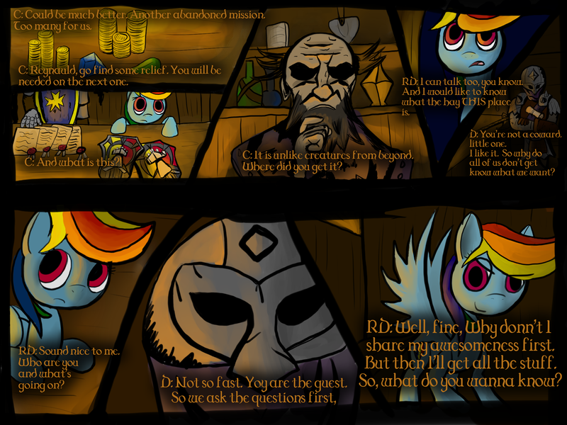 Size: 2000x1500 | Tagged: artist:minosua, ask, bounty hunter, comic, crossover, crusader, darkest dungeon, derpibooru import, fantasy class, knight, paladin, rainbow dash, safe, terror and friendship, tumblr, warrior