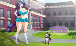 Size: 1425x878 | Tagged: suggestive, artist:shinta-girl, derpibooru import, rarity, twilight sparkle, human, equestria girls, belly button, big breasts, boots, breasts, busty rarity, busty twilight sparkle, canterlot high, cleavage, clothes, commission, dialogue, duo, duo female, female, giantess, high heel boots, high heels, huge breasts, humanized, leg warmers, macro, midriff, miniskirt, open mouth, pleated skirt, shoes, short skirt, signature, size difference, skirt, speech bubble, thighs