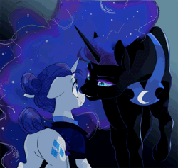 Size: 760x719 | Tagged: alternate timeline, animated, artist:equum_amici, artist:kianamai, bedroom eyes, boop, cinemagraph, cute, derpibooru import, eye contact, female, floppy ears, glowing eyes, grin, lesbian, missing accessory, night maid rarity, nightmare moon, nightmare takeover timeline, nightrarity, noseboop, nose wrinkle, nuzzling, plot, raised hoof, rarity, safe, scrunchy face, shipping, smiling, :t, wide eyes
