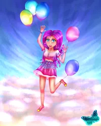 Size: 3200x4000 | Tagged: absurd resolution, artist:infinityprincessart, balloon, belt, clothes, derpibooru import, human, humanized, midriff, open mouth, pinkie pie, raised leg, safe, shoes, skirt, slippers, smiling, solo