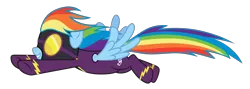 Size: 8400x3000 | Tagged: safe, artist:reginault, derpibooru import, rainbow dash, pegasus, pony, clothes, costume, female, flying, goggles, mare, shadowbolt dash, shadowbolts, shadowbolts costume, simple background, solo, transparent background, vector