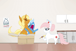 Size: 1200x800 | Tagged: safe, artist:dragonpone, derpibooru import, idw, nurse redheart, sunflower spectacle, trixie, earth pony, pony, unicorn, spoiler:comic, spoiler:comic40, :t, animated, chest fluff, cute, diatrixes, doctor's office, ear fluff, eye chart, eyes closed, faic, fear, female, filly, flailing, fluffy, frown, holding, hoof hold, lidded eyes, mare, mary poppins, needle, needle phobia, open mouth, running, running in place, scared, screaming, scrunchy face, squirming, supercalifragilisticexpialidocious, syringe, tail, tail pull, trio, trypanophobia, unamused, wide eyes
