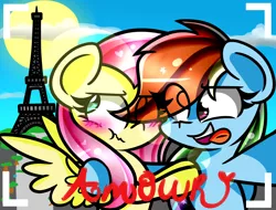 Size: 1450x1100 | Tagged: safe, artist:artypaints, derpibooru import, fluttershy, rainbow dash, eiffel tower, flutterdash, paris, shipping