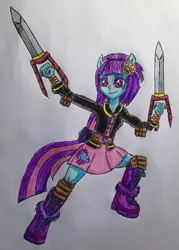 Size: 1763x2457 | Tagged: safe, artist:bozzerkazooers, derpibooru import, sunny flare, equestria girls, katar, ponied up, solo, traditional art, weapon