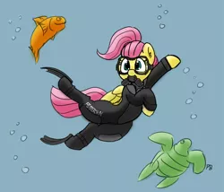 Size: 1280x1095 | Tagged: 30 minute art challenge, artist:pabbley, derpibooru import, diving, diving suit, fish, flippers, fluttershy, goggles, safe, simple background, solo, swimming goggles, turtle, underwater, watershy, wetsuit