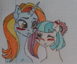 Size: 1039x863 | Tagged: safe, artist:tejedora, derpibooru import, coco pommel, sassy saddles, pony, blushing, cocosaddles, female, graph paper, lesbian, lined paper, mare, shipping, traditional art
