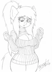 Size: 685x948 | Tagged: anthro, artist:comet0ne, big breasts, breasts, cleavage, clothes, derpibooru import, female, grayscale, monochrome, :o, oc, oc:amie spark, open-chest sweater, open mouth, pencil drawing, simple background, solo, solo female, suggestive, sweater, traditional art, unofficial characters only, white background