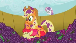 Size: 1280x720 | Tagged: safe, derpibooru import, screencap, apple bloom, applejack, sweetie belle, earth pony, pony, unicorn, sisterhooves social, adorabloom, bow, cute, eyes closed, female, filly, food, freckles, grape juice, grape stomping, grapes, hair bow, juice, mare, messy, open mouth, raised hoof, sisters, smiling