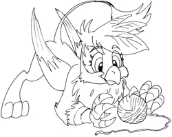 Size: 1917x1524 | Tagged: safe, artist:lockhe4rt, derpibooru import, gilda, gryphon, behaving like a cat, black and white, catbird, grayscale, griffons doing cat things, happy, lineart, monochrome, raised tail, solo, tail, traditional art, wool ball, yarn, yarn ball