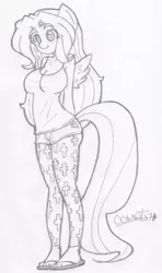 Size: 562x948 | Tagged: safe, artist:comet0ne, derpibooru import, fluttershy, anthro, plantigrade anthro, big breasts, breasts, busty fluttershy, cleavage, clothes, female, flip-flops, heart eyes, leggings, pencil drawing, sandals, shorts, solo, traditional art, wingding eyes